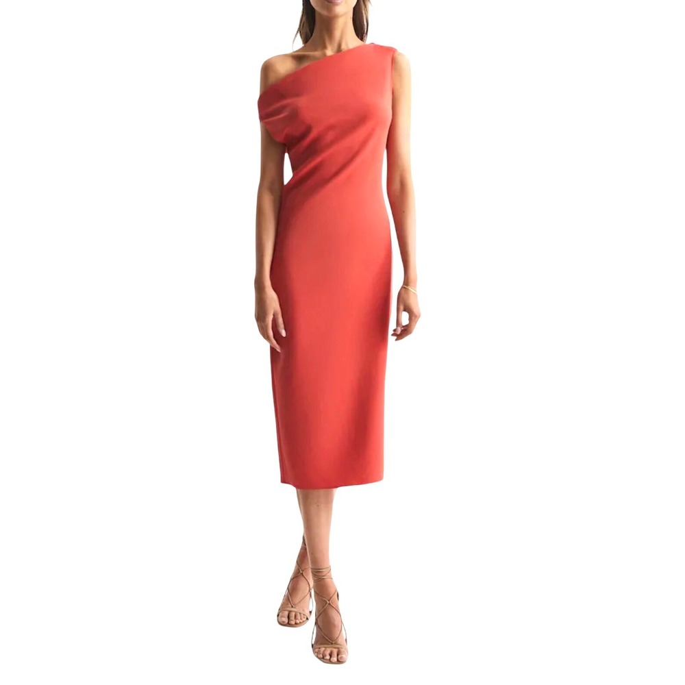 Reiss Dress Zaria Coral MSRP $330 Off-Shoulder Bodycon Midi Size US 6 NEW